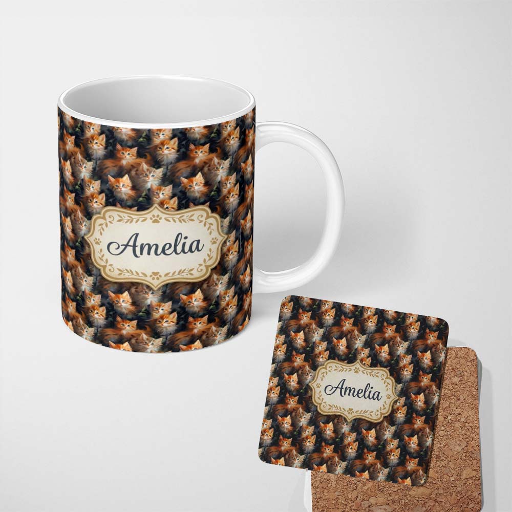 Personalized Custom Name Fluffy Orange Kittens Seamless Pattern Dark Artistic Background 11oz Ceramic Coffee Tea Mug White Large Handle