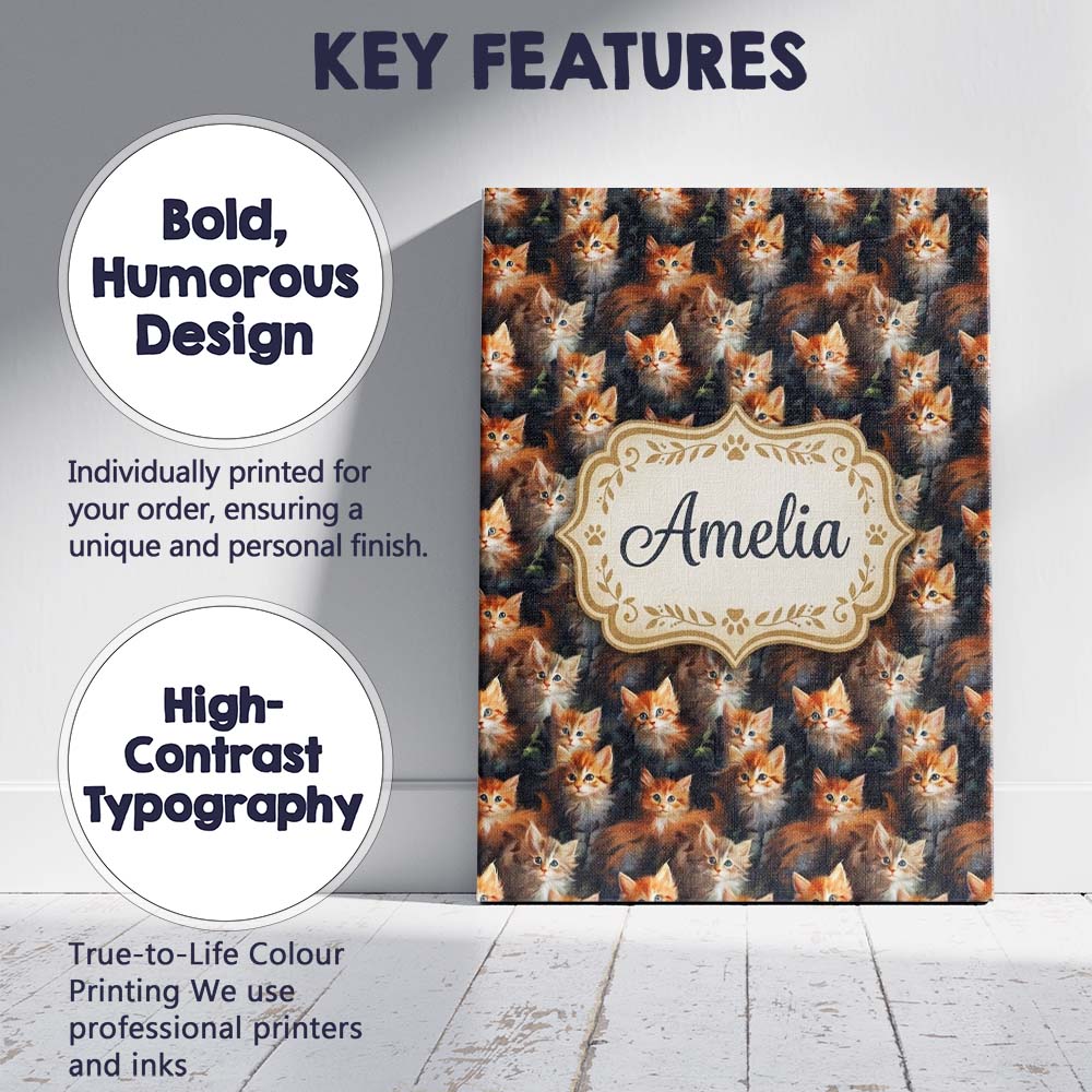 Personalised Name Fluffy Orange Kittens Custom Modern Room Accent Elegant Feature Canvas Wall Art Print Decor Picture Ready to Hang