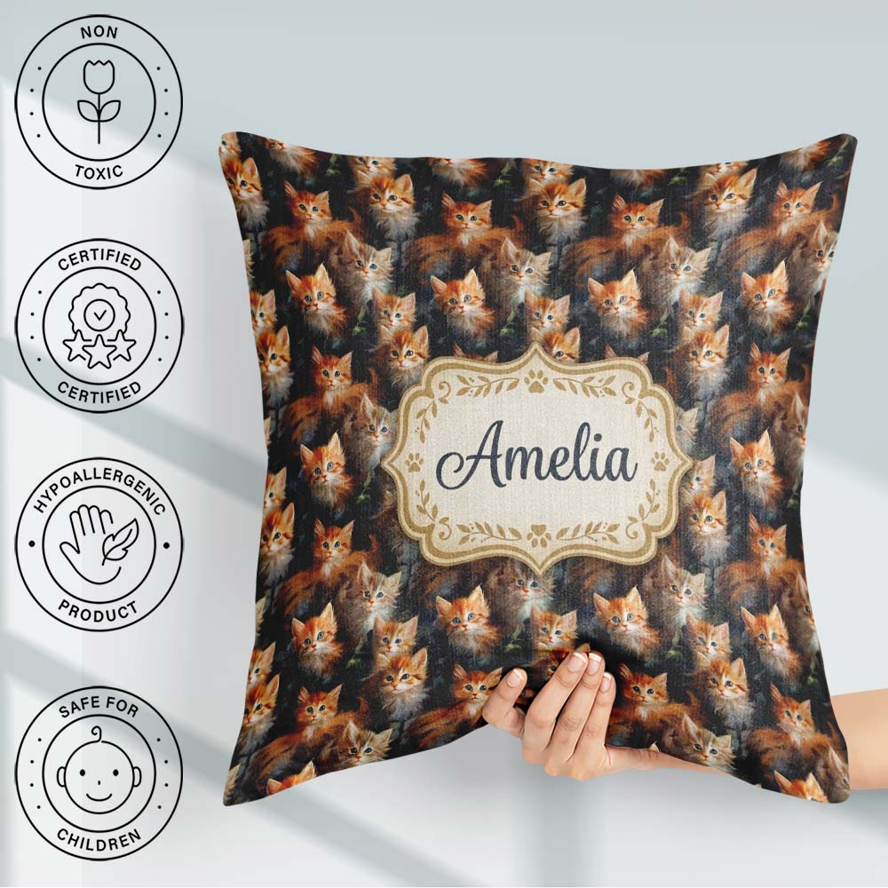 Custom Name Fluffy Orange Kittens Seamless Pattern Dark Artistic Square Filled Cushion Throw Pillow Sofa Bed Home Decor Zip Washable UK Made