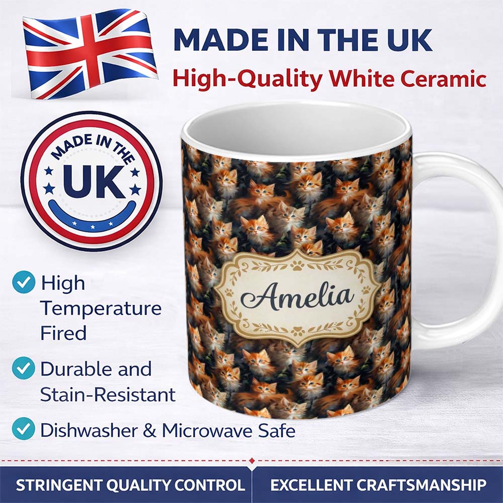 Personalized Custom Name Fluffy Orange Kittens Seamless Pattern Dark Artistic Background 11oz Ceramic Coffee Tea Mug White Large Handle