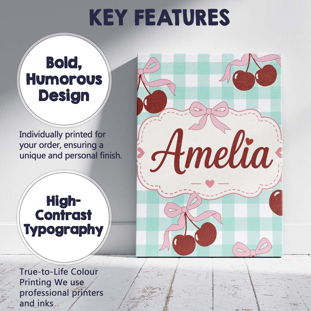 Personalised Name Cherry Bow Ribbon Cute Mint Gingham Picnic Check Custom Unique Canvas Wall Art Print Decor Picture Ready to Hang