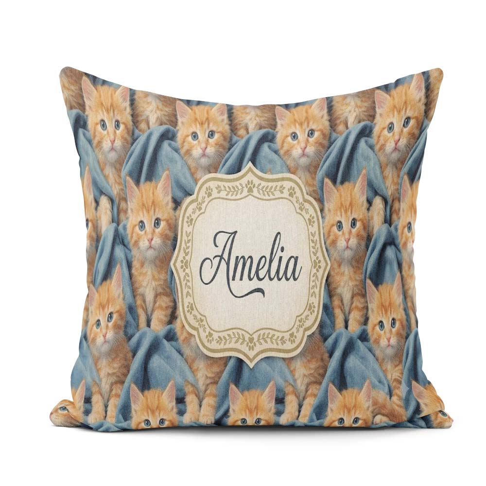 Custom Name Painterly Orange Kitten Cluster Pattern Rich Texture Square Filled Cushion Throw Pillow Sofa Bed Home Decor Zip Washable UK Made