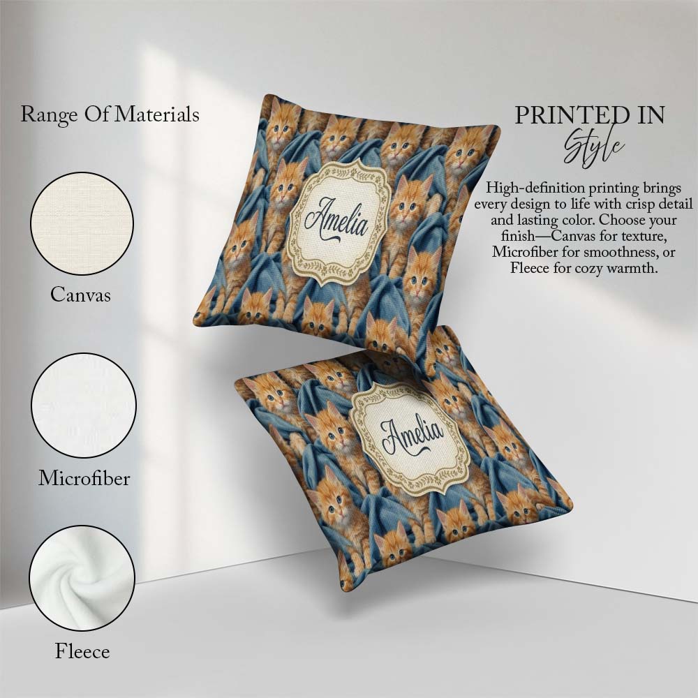 Custom Name Painterly Orange Kitten Cluster Pattern Rich Texture Square Filled Cushion Throw Pillow Sofa Bed Home Decor Zip Washable UK Made