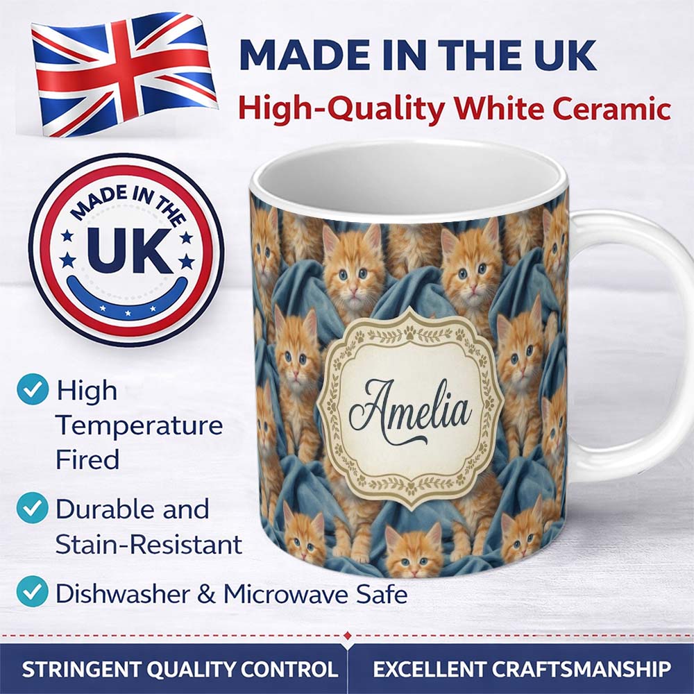 Personalized Custom Name Painterly Orange Kitten Cluster Seamless Pattern Rich Texture 11oz Ceramic Coffee Tea Mug White Large Handle