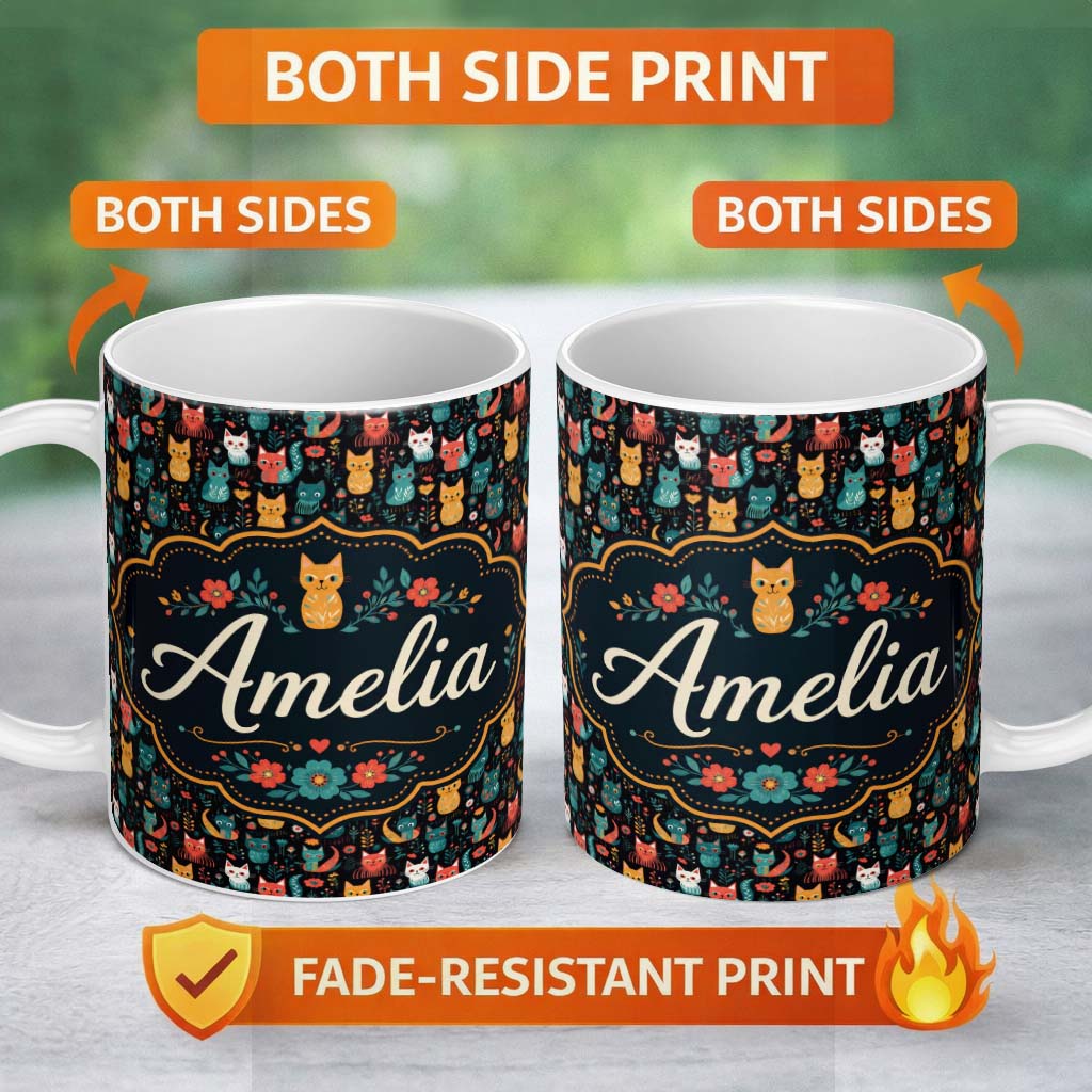 Personalized Custom Name Cute Folk Art Cats Seamless Pattern Night Background Colorful 11oz Ceramic Coffee Tea Mug White Large Handle