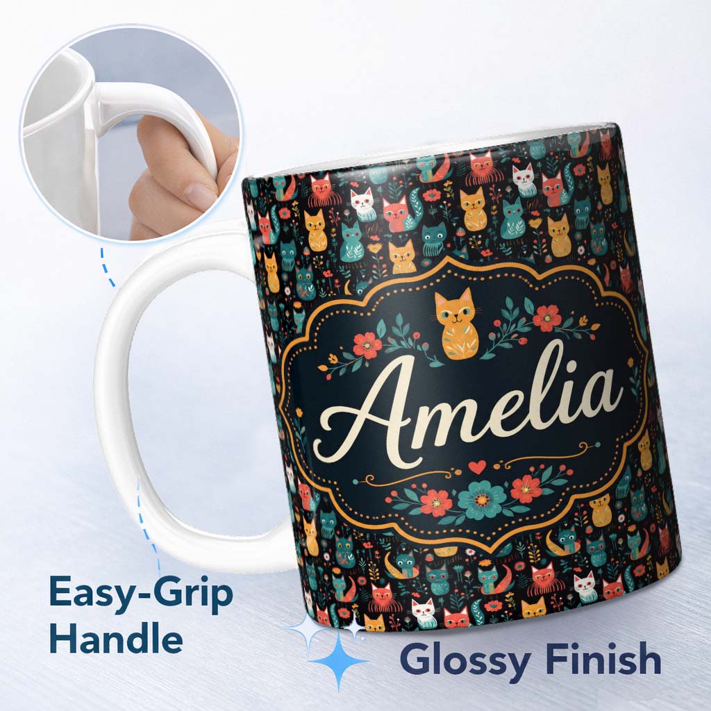 Personalized Custom Name Cute Folk Art Cats Seamless Pattern Night Background Colorful 11oz Ceramic Coffee Tea Mug White Large Handle