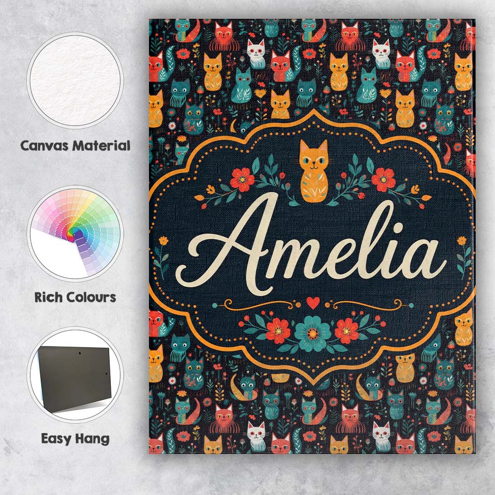 Personalised Name Cute Folk Cats Custom Bespoke Unique Gift Idea Elegant Feature Canvas Wall Art Print Decor Picture Ready to Hang