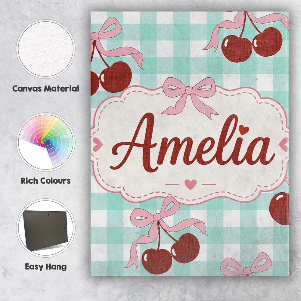 Personalised Name Cherry Bow Ribbon Cute Mint Gingham Picnic Check Custom Unique Canvas Wall Art Print Decor Picture Ready to Hang