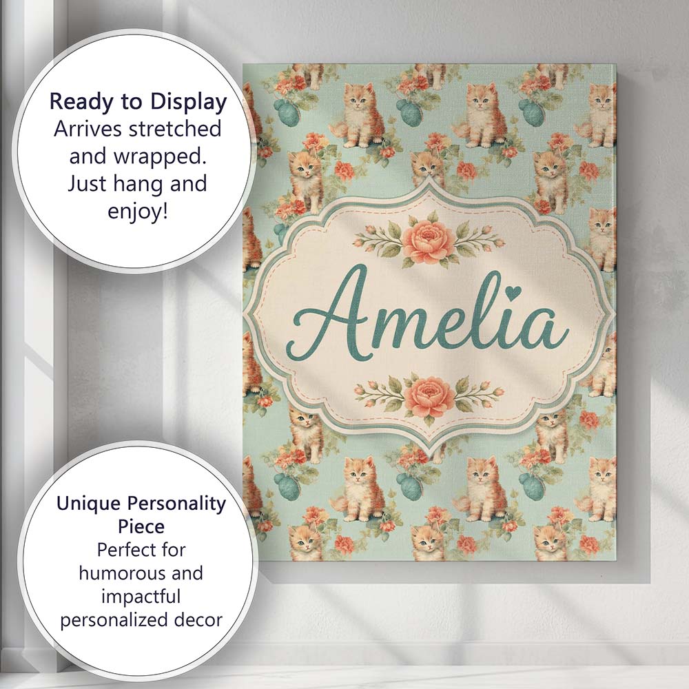Personalised Name Cute Kitten with Yarn and Custom Bespoke Interior Contemporary Canvas Wall Art Print Decor Picture Ready to Hang