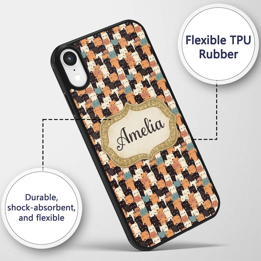 Cute Cartoon Cats Crowd Seamless Pattern Warm Custom Name Protective Phone Case Mobile Cover Durable Everyday Smartphone Shock Resistant