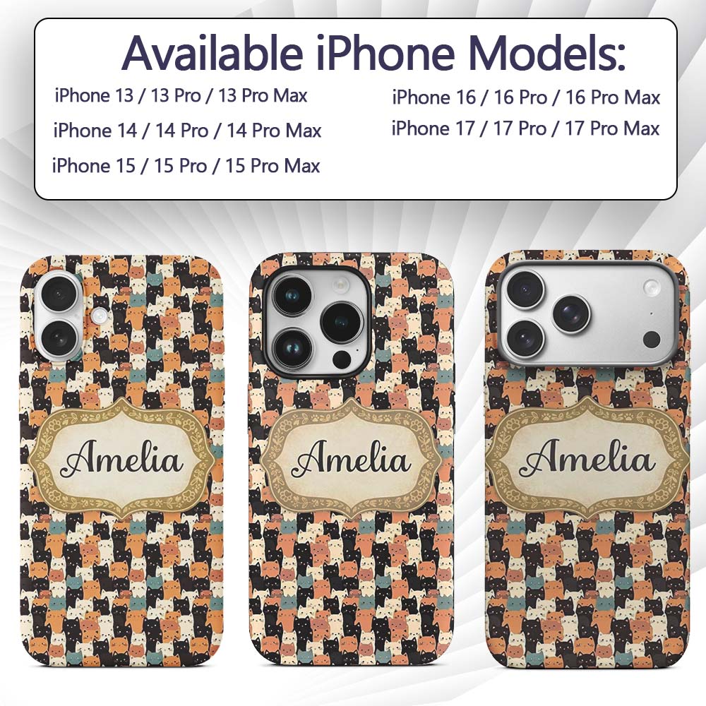 Cute Cartoon Cats Crowd Seamless Pattern Warm Custom Name Protective Phone Case Mobile Cover Durable Everyday Smartphone Shock Resistant