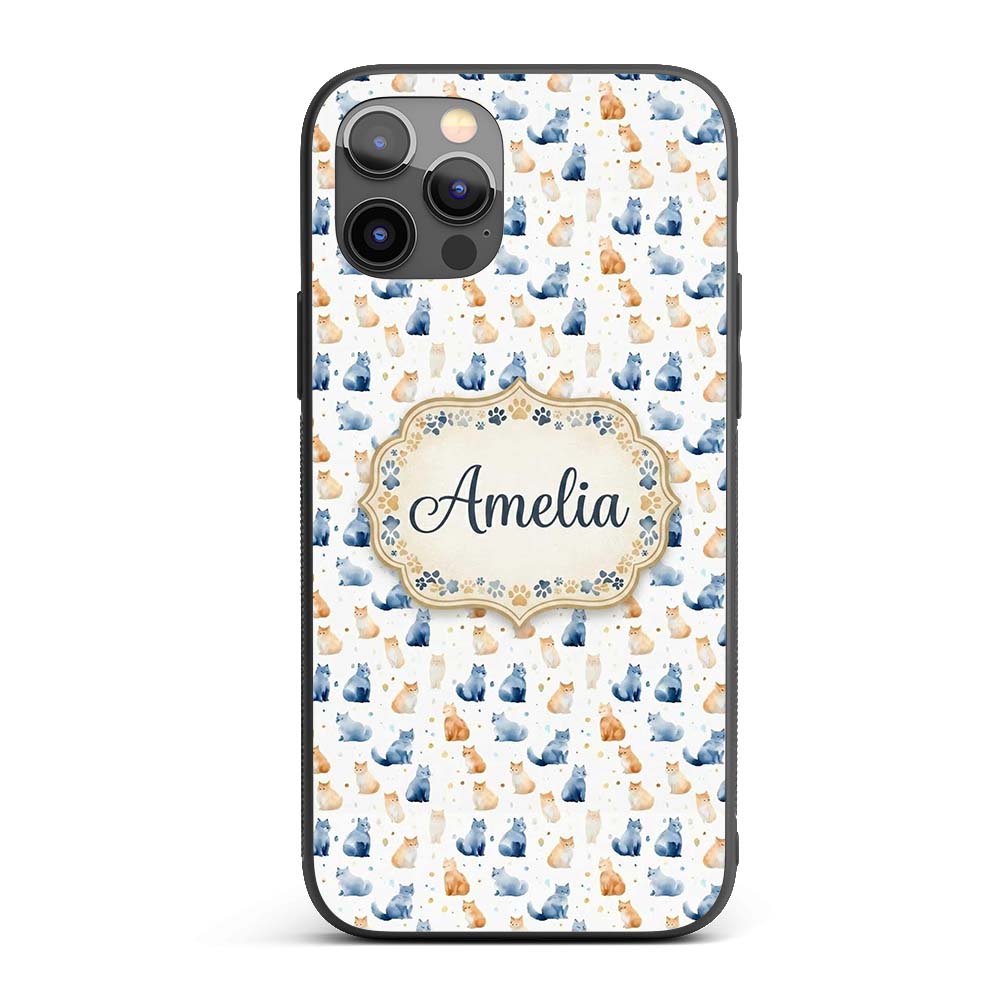 Soft Watercolor Blue and Ginger Cats Seamless Custom Name Protective Phone Case Mobile Cover Durable Everyday Smartphone Shock Resistant
