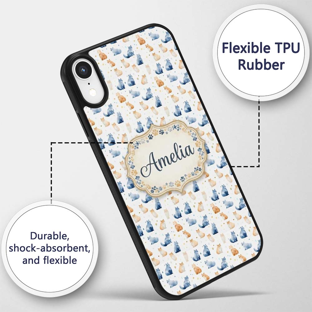 Soft Watercolor Blue and Ginger Cats Seamless Custom Name Protective Phone Case Mobile Cover Durable Everyday Smartphone Shock Resistant