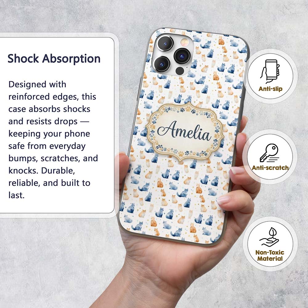 Soft Watercolor Blue and Ginger Cats Seamless Custom Name Protective Phone Case Mobile Cover Durable Everyday Smartphone Shock Resistant