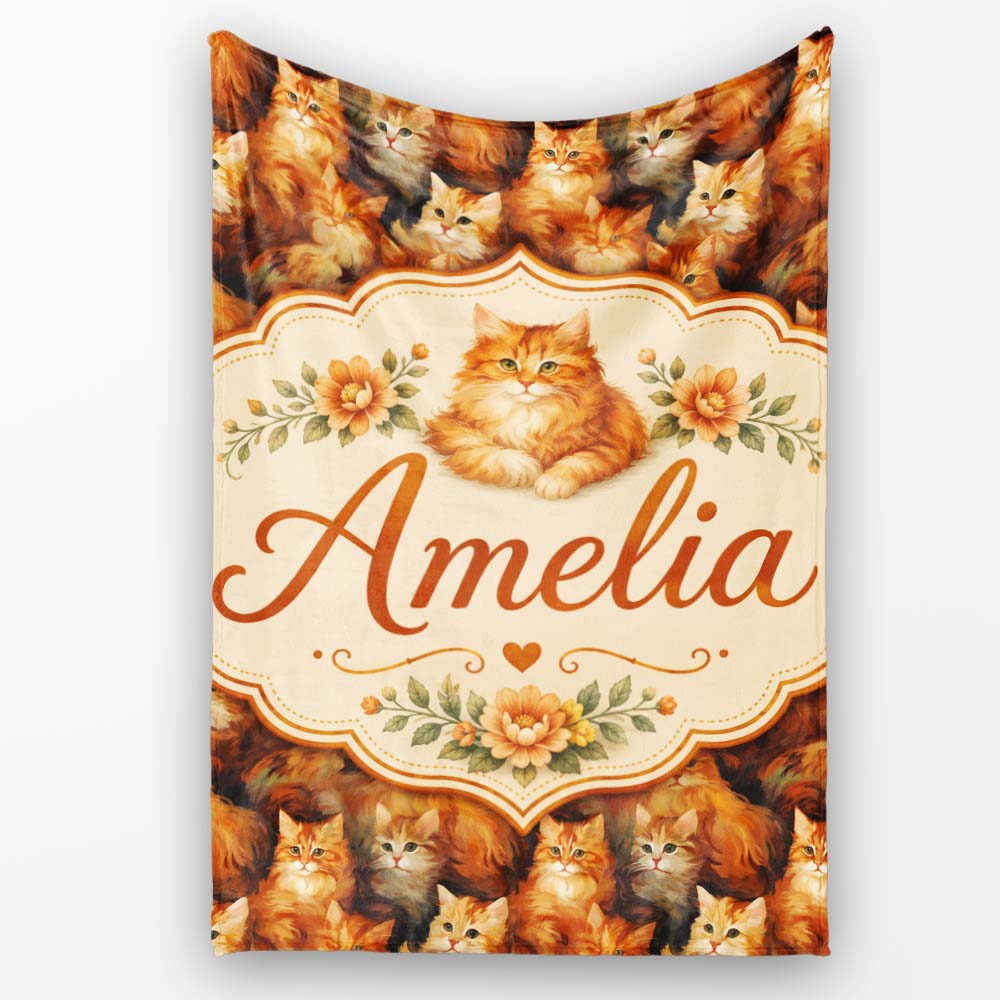 Fluffy Ginger Cats Painterly Seamless Pattern Rich Warm Texture Personalised Custom Name Super Soft Fleece Blanket Bed Sofa Throw
