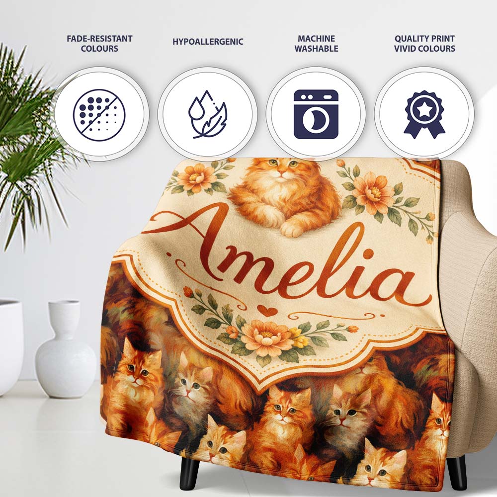 Fluffy Ginger Cats Painterly Seamless Pattern Rich Warm Texture Personalised Custom Name Super Soft Fleece Blanket Bed Sofa Throw