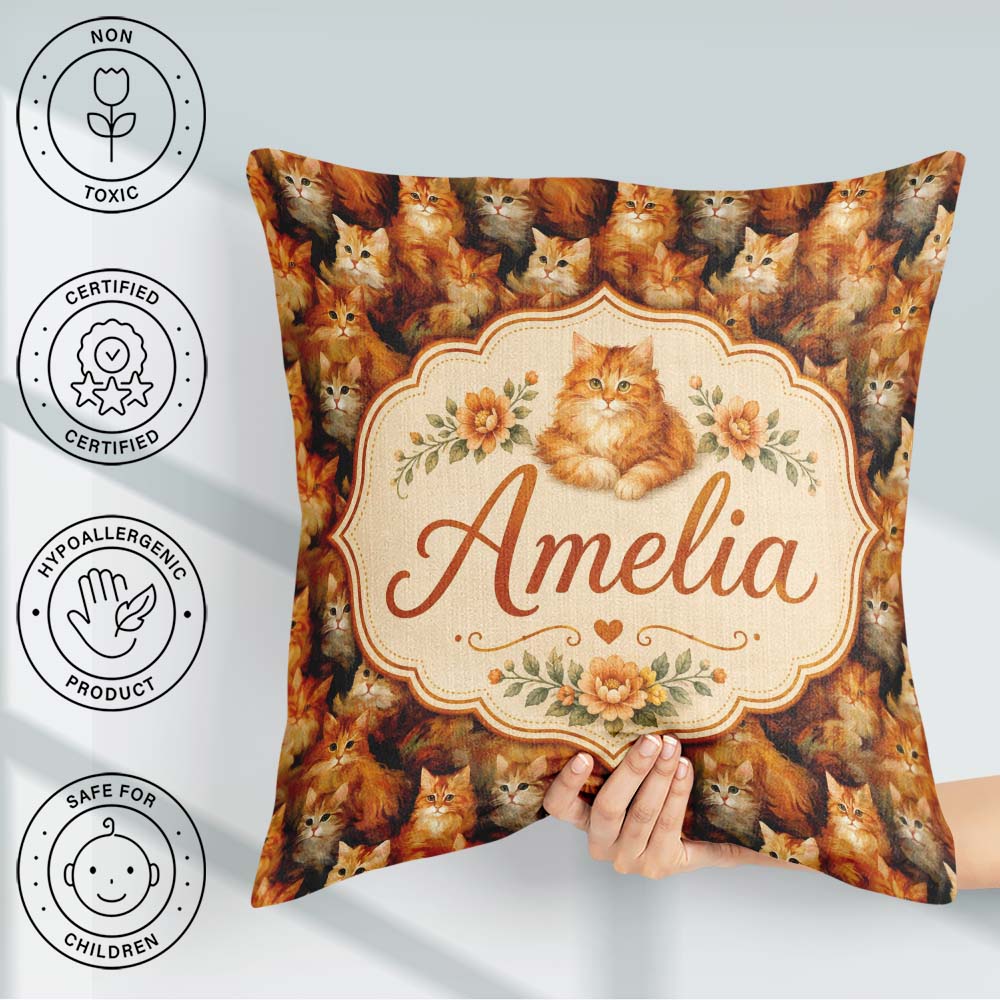 Custom Name Fluffy Cats Painterly Seamless Pattern Rich Texture Square Filled Cushion Throw Pillow Sofa Bed Home Decor Zip Washable UK Made