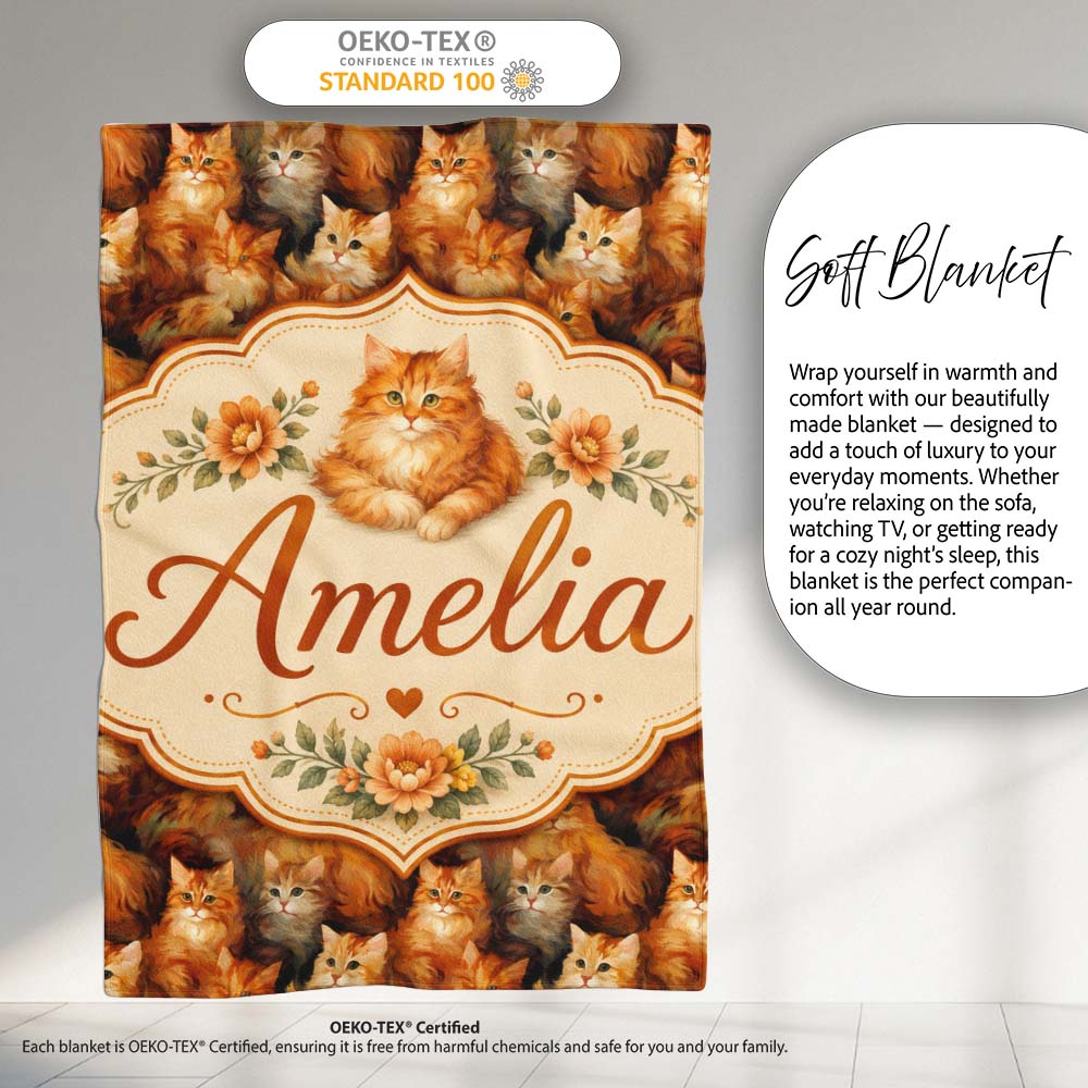 Fluffy Ginger Cats Painterly Seamless Pattern Rich Warm Texture Personalised Custom Name Super Soft Fleece Blanket Bed Sofa Throw