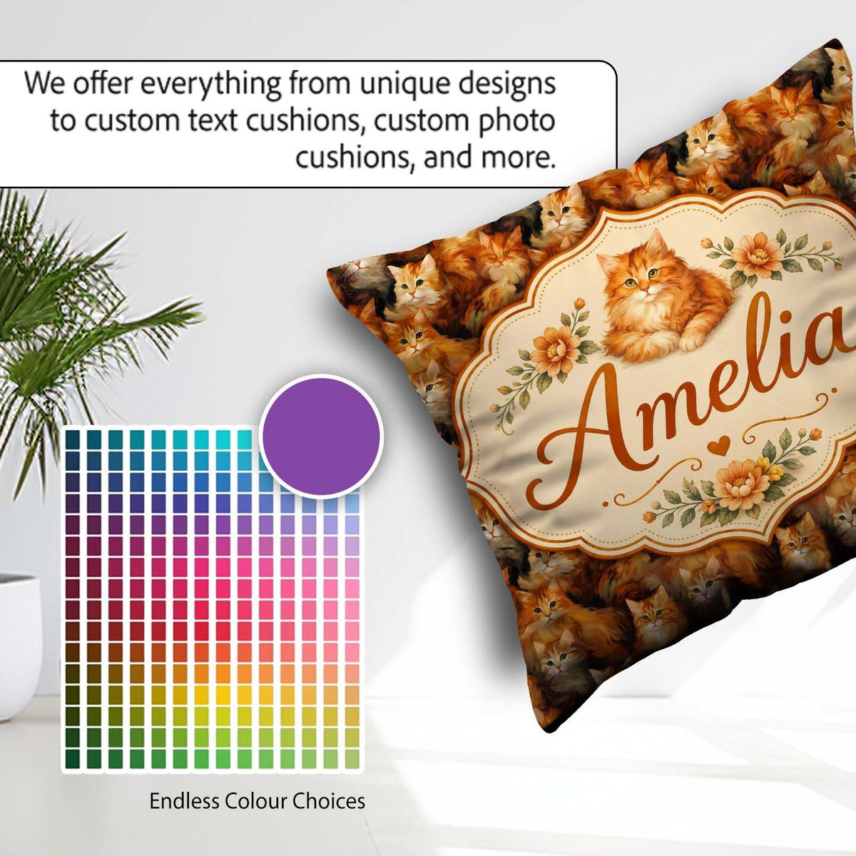 Custom Name Fluffy Cats Painterly Seamless Pattern Rich Texture Square Filled Cushion Throw Pillow Sofa Bed Home Decor Zip Washable UK Made