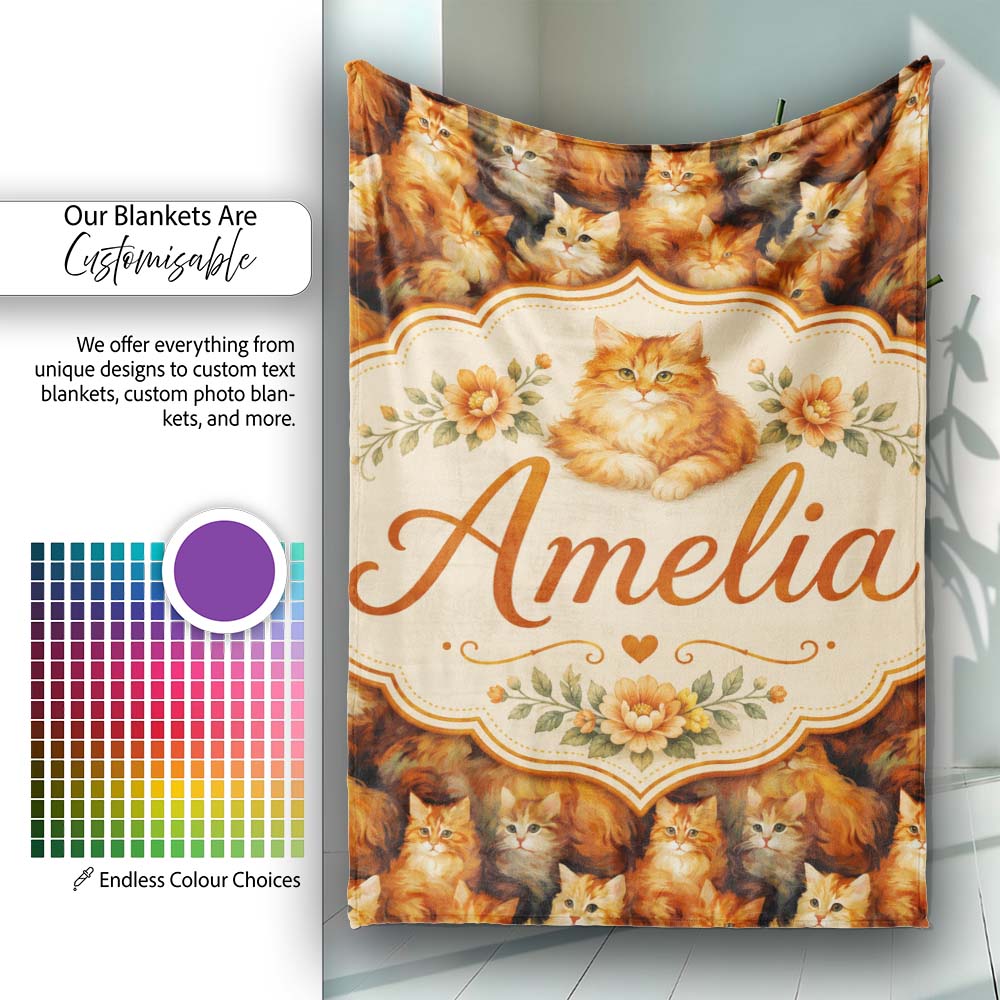 Fluffy Ginger Cats Painterly Seamless Pattern Rich Warm Texture Personalised Custom Name Super Soft Fleece Blanket Bed Sofa Throw
