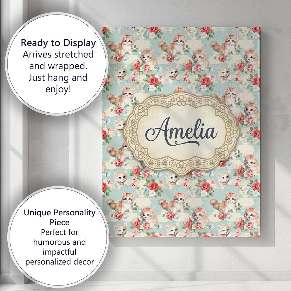 Personalised Name Cute Cream Kittens with Custom Unique Gift Idea Elegant Feature Canvas Wall Art Print Decor Picture Ready to Hang