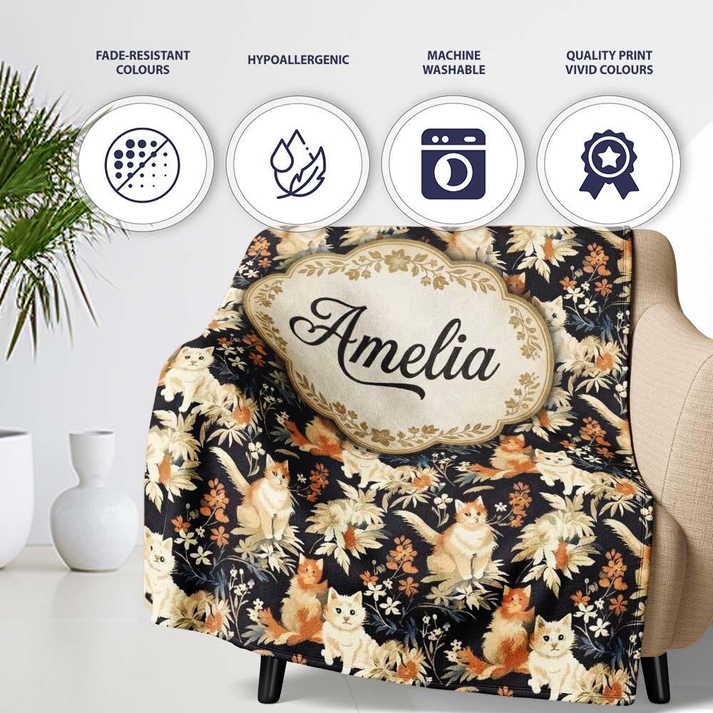 Elegant Cats and Botanical Floral Seamless Pattern Dark Vintage Personalised Custom Name Super Soft Fleece Blanket Bed Sofa Throw