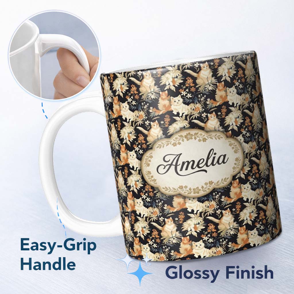 Personalized Custom Name Elegant Cats and Botanical Floral Seamless Pattern Dark Vintage 11oz Ceramic Coffee Tea Mug White Large Handle