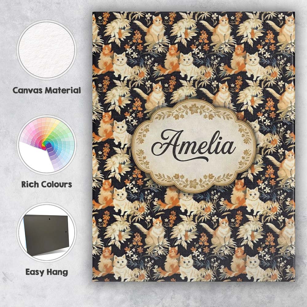Personalised Name Elegant Cats and Botanical Custom Bespoke Contemporary Display Canvas Wall Art Print Decor Picture Ready to Hang