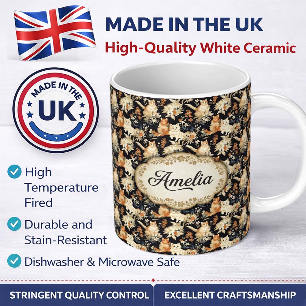 Personalized Custom Name Elegant Cats and Botanical Floral Seamless Pattern Dark Vintage 11oz Ceramic Coffee Tea Mug White Large Handle