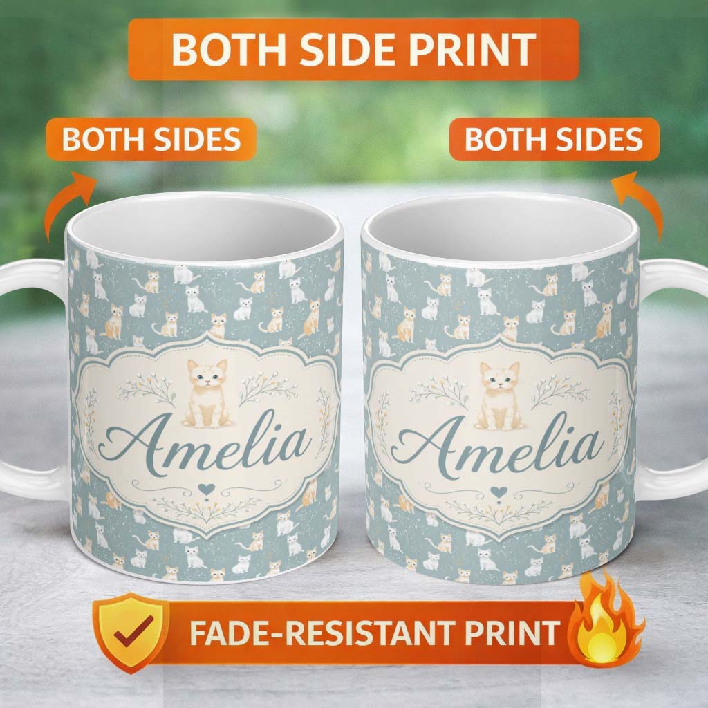 Personalized Custom Name Minimal Cute Cats Meadow Seamless Pattern Soft Green Nature 11oz Ceramic Coffee Tea Mug White Large Handle