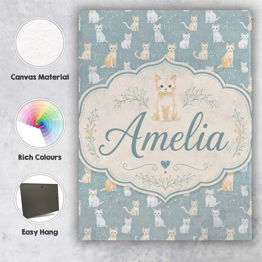 Personalised Name Minimal Cute Cats Meadow Custom Unique Gift Idea Elegant Feature Canvas Wall Art Print Decor Picture Ready to Hang