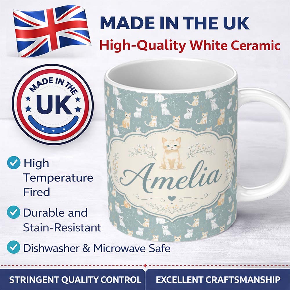 Personalized Custom Name Minimal Cute Cats Meadow Seamless Pattern Soft Green Nature 11oz Ceramic Coffee Tea Mug White Large Handle