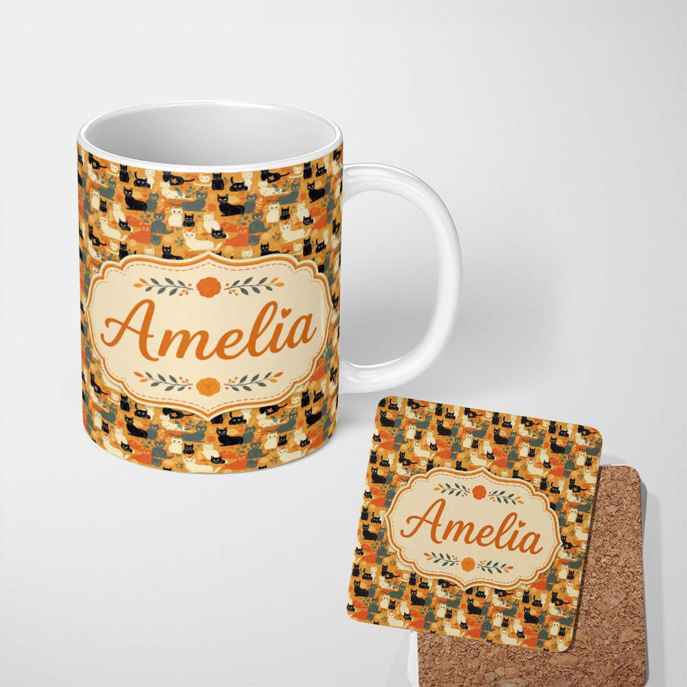Personalized Custom Name Style Cats Autumn Leaves Seamless Pattern Warm Orange Background 11oz Ceramic Coffee Tea Mug White Large Handle