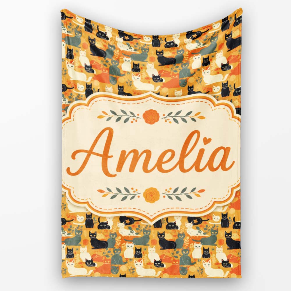 Style Cats Autumn Leaves Seamless Pattern Warm Orange Background Personalised Custom Name Super Soft Fleece Blanket Bed Sofa Throw
