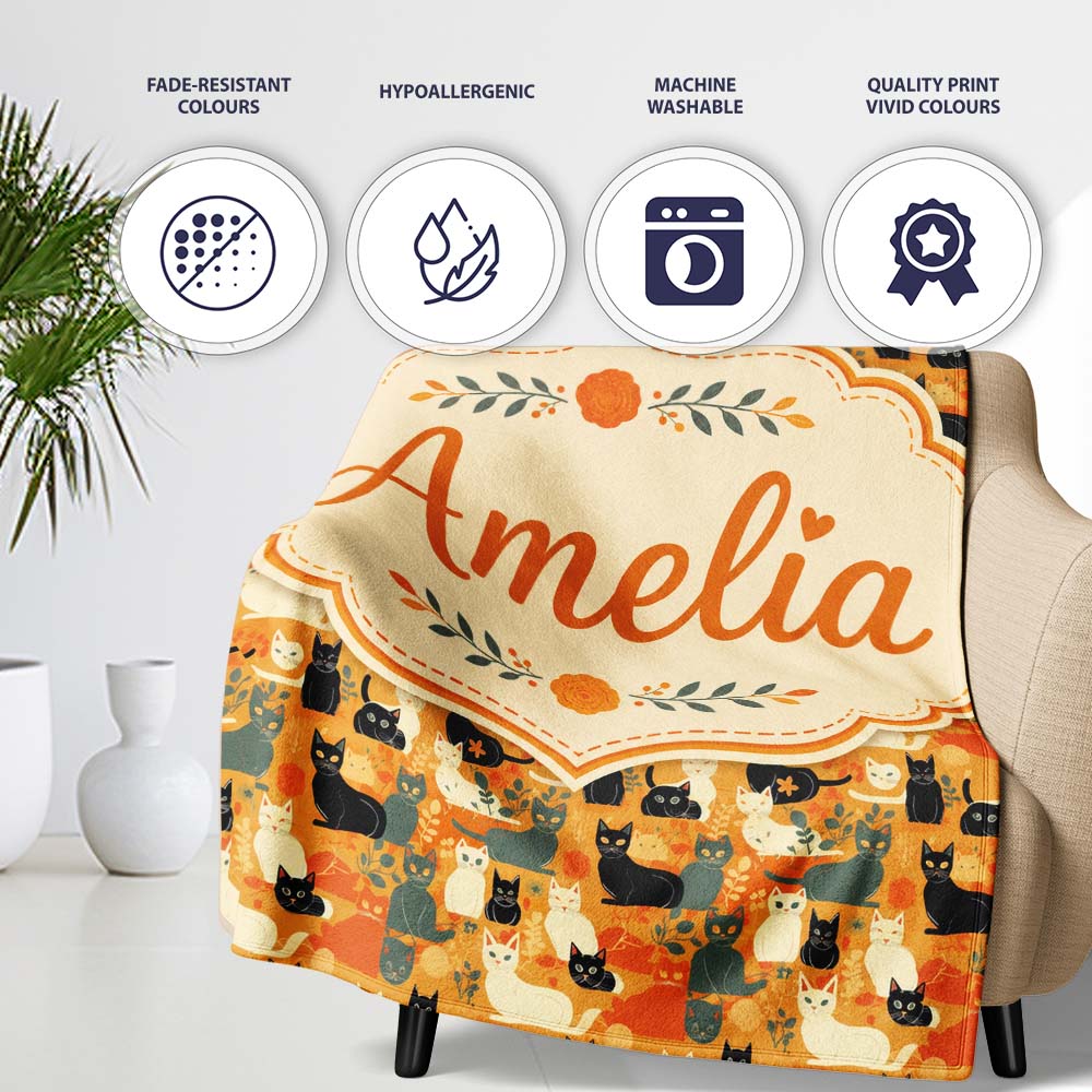 Style Cats Autumn Leaves Seamless Pattern Warm Orange Background Personalised Custom Name Super Soft Fleece Blanket Bed Sofa Throw