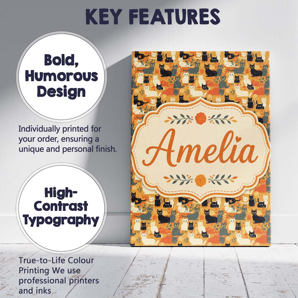 Personalised Name Style Cats Autumn Leaves Custom Unique Gift Idea Elegant Feature Canvas Wall Art Print Decor Picture Ready to Hang