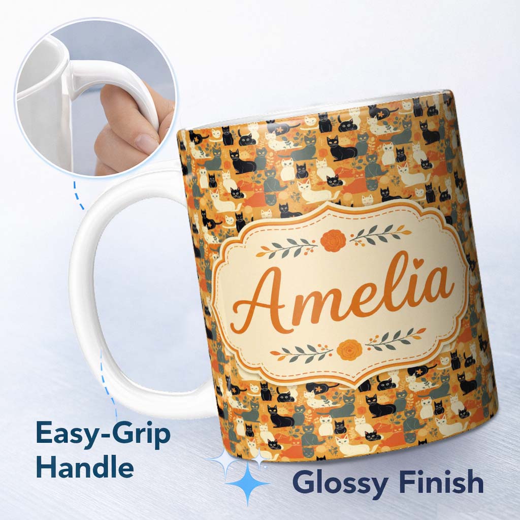 Personalized Custom Name Style Cats Autumn Leaves Seamless Pattern Warm Orange Background 11oz Ceramic Coffee Tea Mug White Large Handle