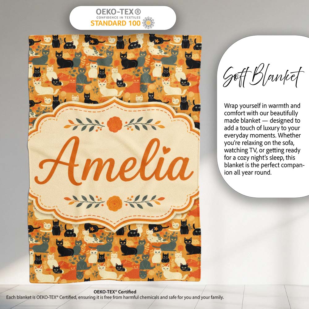 Style Cats Autumn Leaves Seamless Pattern Warm Orange Background Personalised Custom Name Super Soft Fleece Blanket Bed Sofa Throw