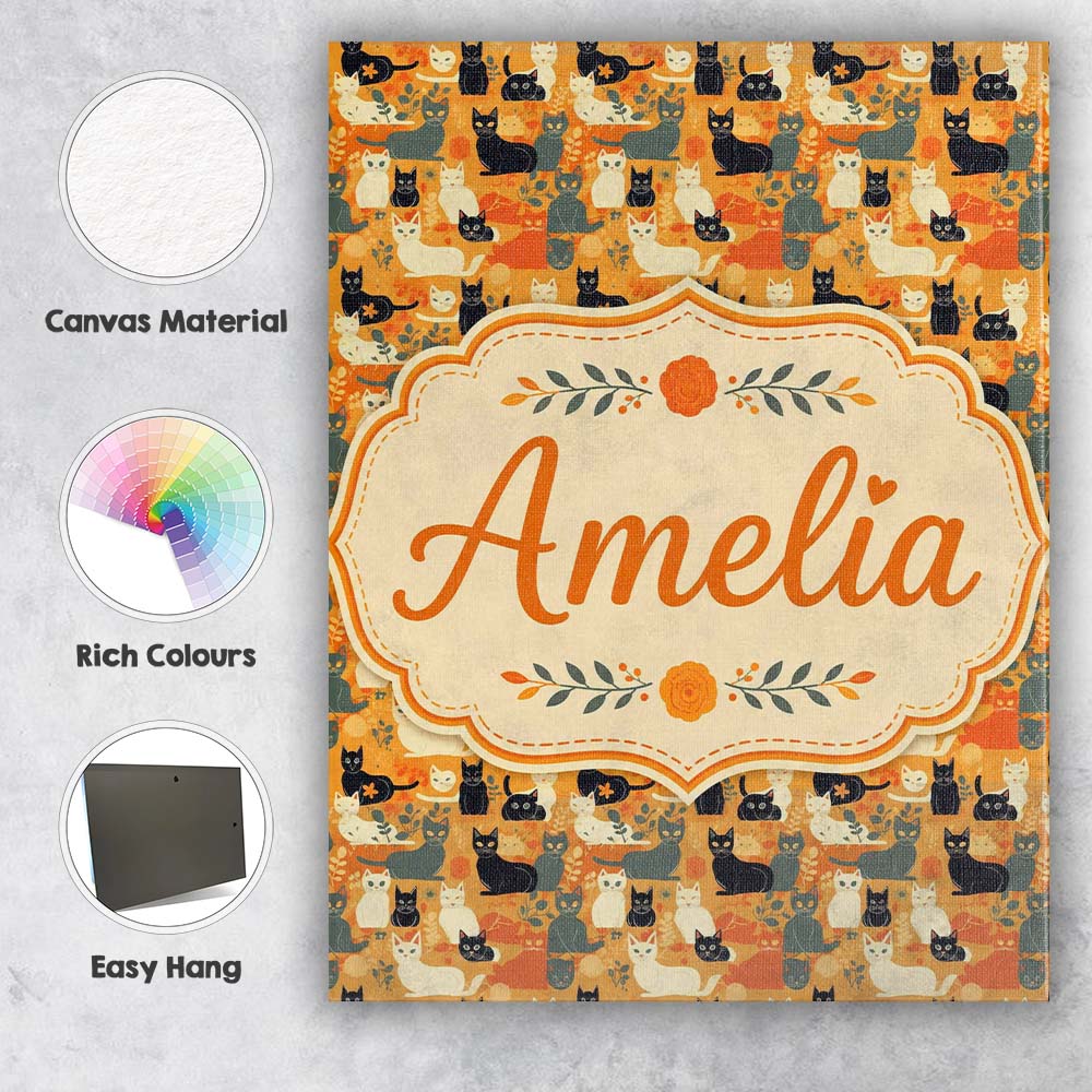 Personalised Name Style Cats Autumn Leaves Custom Unique Gift Idea Elegant Feature Canvas Wall Art Print Decor Picture Ready to Hang