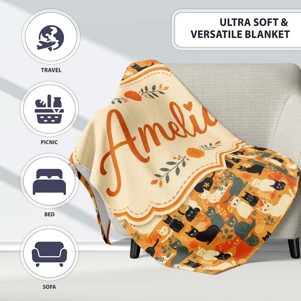 Style Cats Autumn Leaves Seamless Pattern Warm Orange Background Personalised Custom Name Super Soft Fleece Blanket Bed Sofa Throw