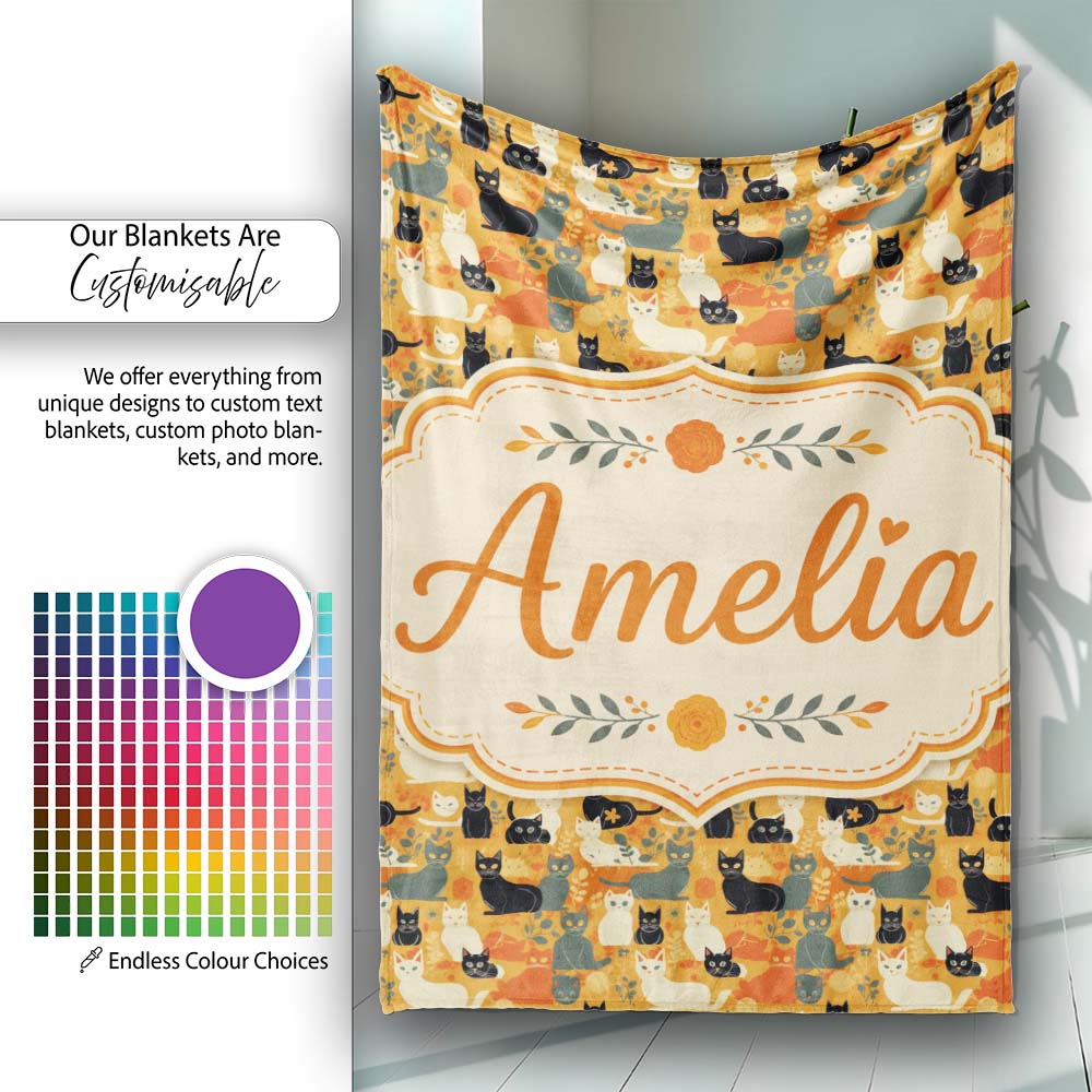Style Cats Autumn Leaves Seamless Pattern Warm Orange Background Personalised Custom Name Super Soft Fleece Blanket Bed Sofa Throw