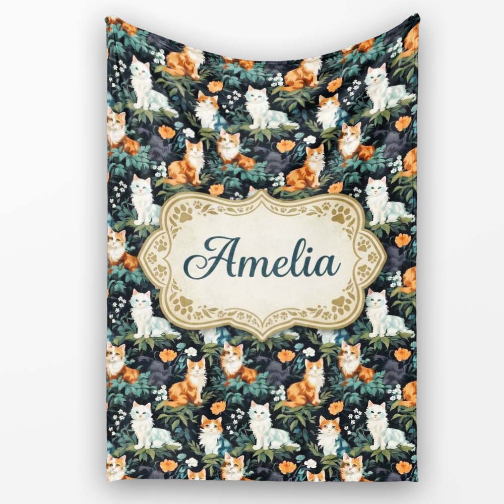 Cute Floral Garden Cats with Dark Botanical Background Seamless Personalised Custom Name Super Soft Fleece Blanket Bed Sofa Throw