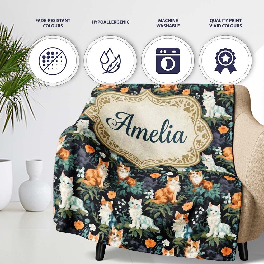 Cute Floral Garden Cats with Dark Botanical Background Seamless Personalised Custom Name Super Soft Fleece Blanket Bed Sofa Throw