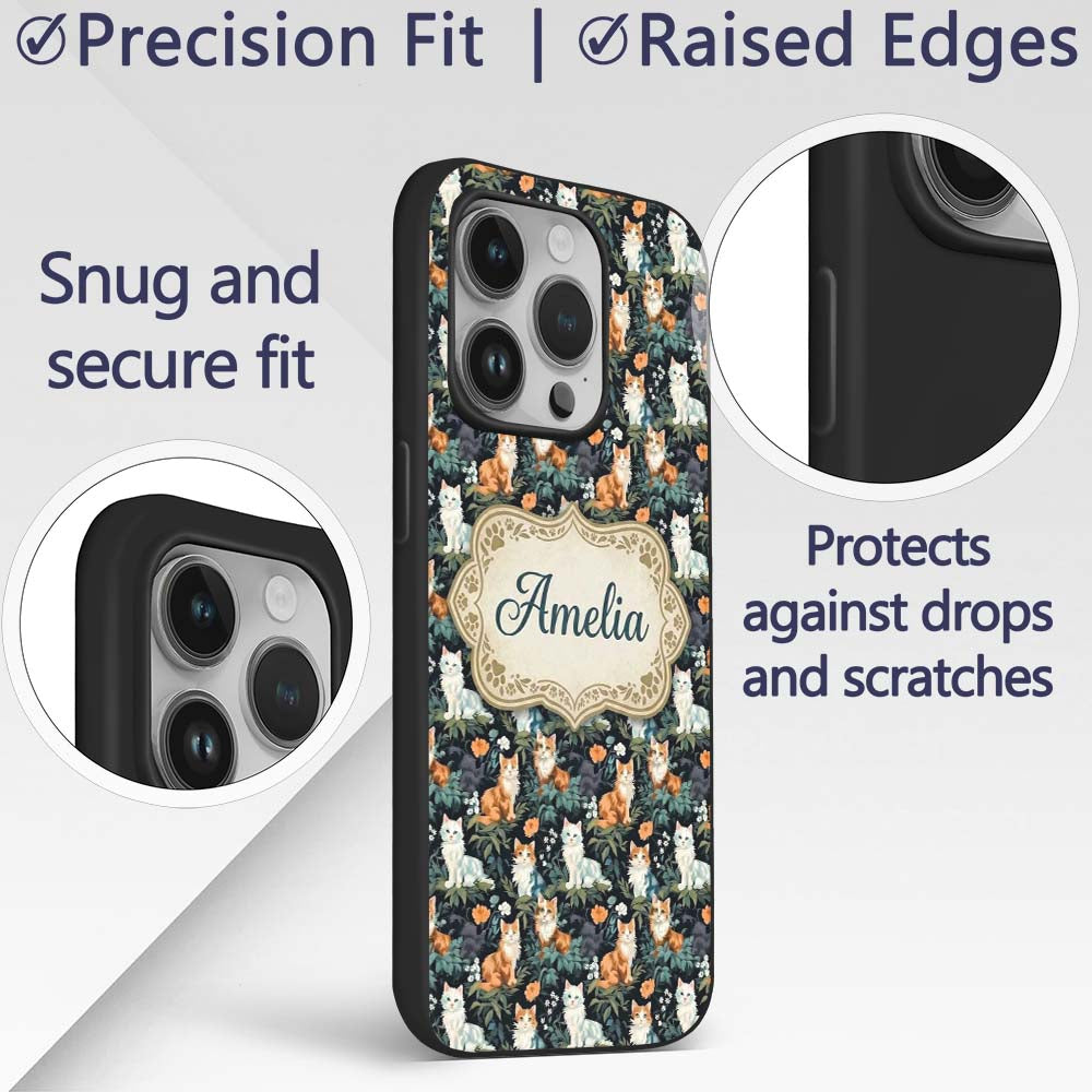 Cute Floral Garden Cats with Dark Printed Design Custom Name Protective Phone Case Mobile Cover Durable Everyday Smartphone Shock Resistant