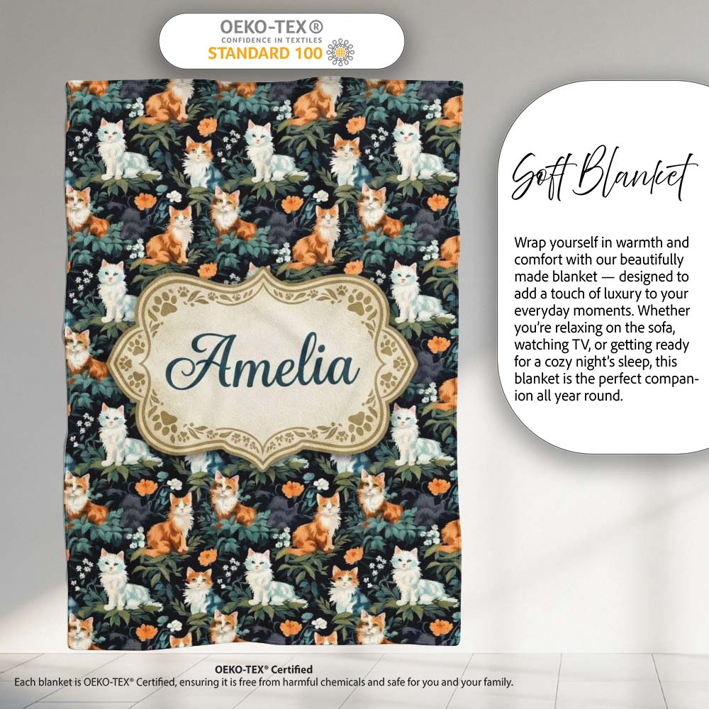 Cute Floral Garden Cats with Dark Botanical Background Seamless Personalised Custom Name Super Soft Fleece Blanket Bed Sofa Throw