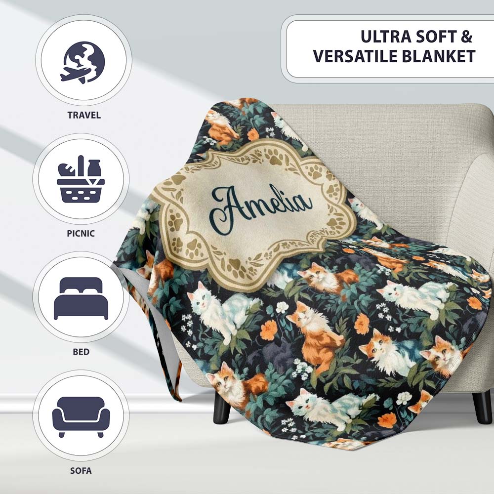 Cute Floral Garden Cats with Dark Botanical Background Seamless Personalised Custom Name Super Soft Fleece Blanket Bed Sofa Throw