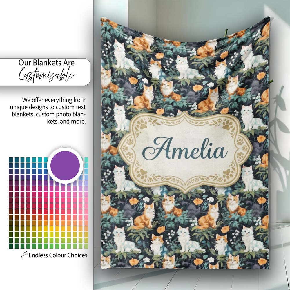 Cute Floral Garden Cats with Dark Botanical Background Seamless Personalised Custom Name Super Soft Fleece Blanket Bed Sofa Throw