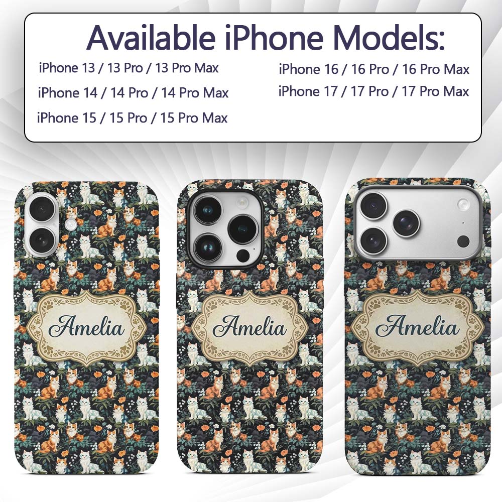 Cute Floral Garden Cats with Dark Printed Design Custom Name Protective Phone Case Mobile Cover Durable Everyday Smartphone Shock Resistant