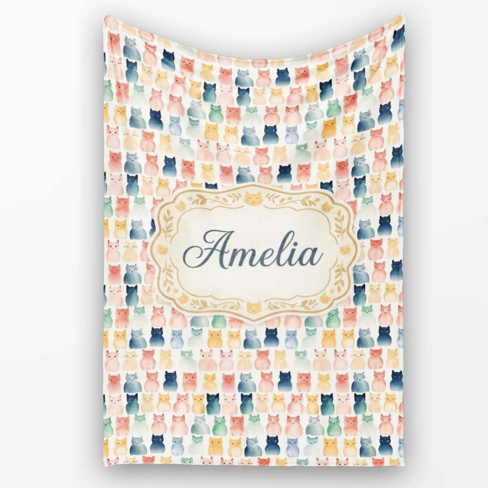 Pastel Watercolor Cute Cats Repeating Pattern Soft Neutral Personalised Custom Name Super Soft Fleece Blanket Bed Sofa Throw