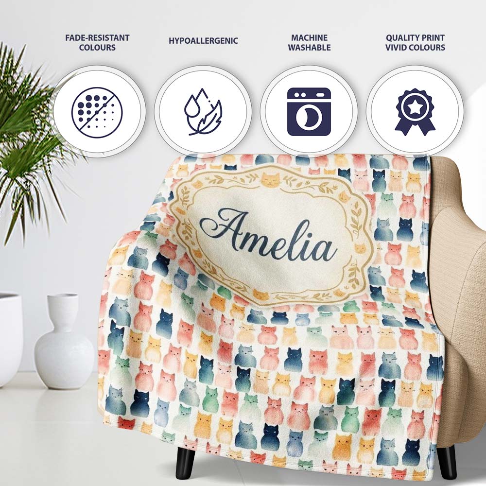 Pastel Watercolor Cute Cats Repeating Pattern Soft Neutral Personalised Custom Name Super Soft Fleece Blanket Bed Sofa Throw